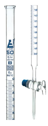 BURETA DE 25ML CON LLAVE DE VIDRIO CLASE B, GRADUACIÓN AZUL EISCO