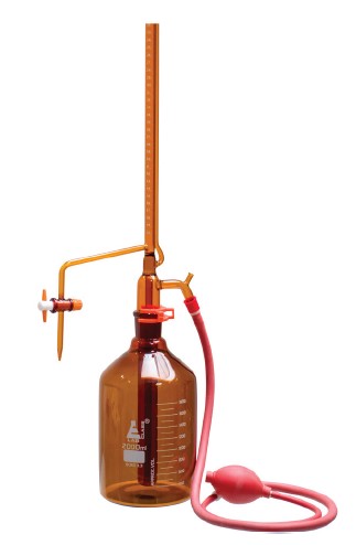 BURETA AUTOMATICA DE 25ML AMBAR CON LLAVE DE PTFE CLASE A, CERTIFICADO POR LOTES, GRADUACIÓN BLANCA EISCO