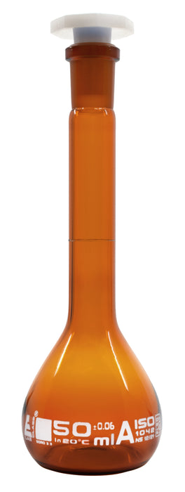 MATRAZ VOLUMÉTRICO (AFORADO) 50ML AMBAR, CLASE A, TAPÓN DE POLIPROPILENO EISCO